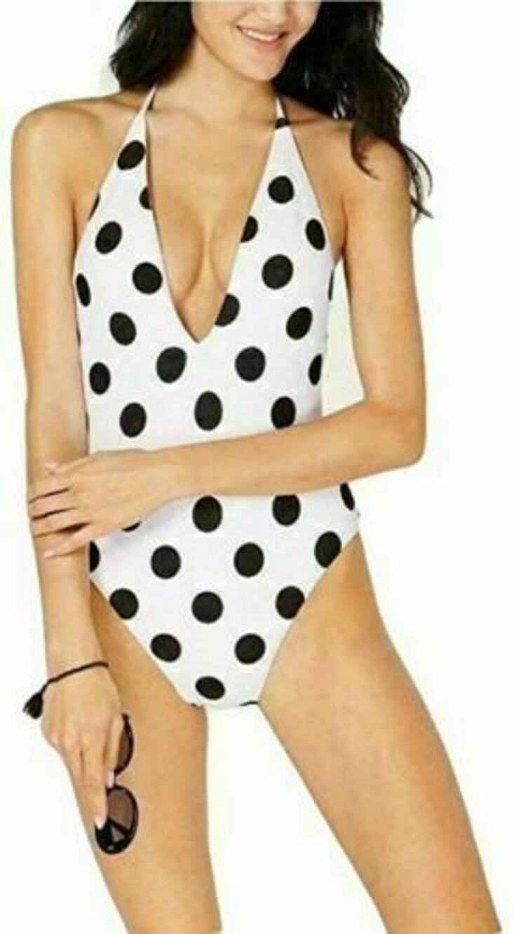 Bar III White Black This And Polka Dot Textured Halter One Piece Swimsuit M New
